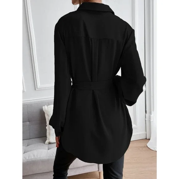 long sleeve Button down Belted tunic length Shirt black - Picture 2 of 11